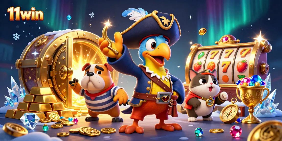Engage in thrilling gameplay with 11win in this vivid casino-inspired 3D scene featuring treasures and slot elements.