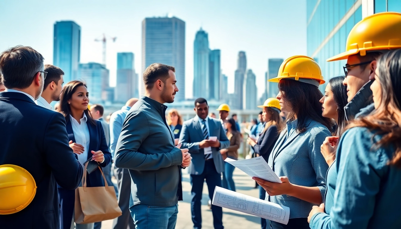 Engage in construction networking events with diverse professionals exchanging ideas.