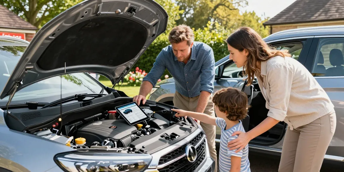 Family using a car check UK report to inspect a used SUV before purchase.