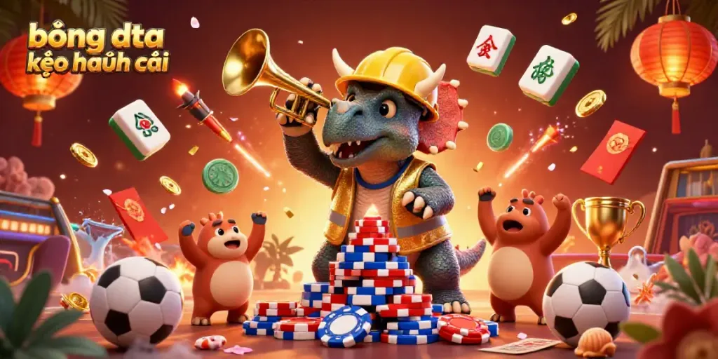 Engage with bóng đá kèo nhà cái as a lively triceratops builds a poker chip pyramid amidst a vibrant sports betting scene.