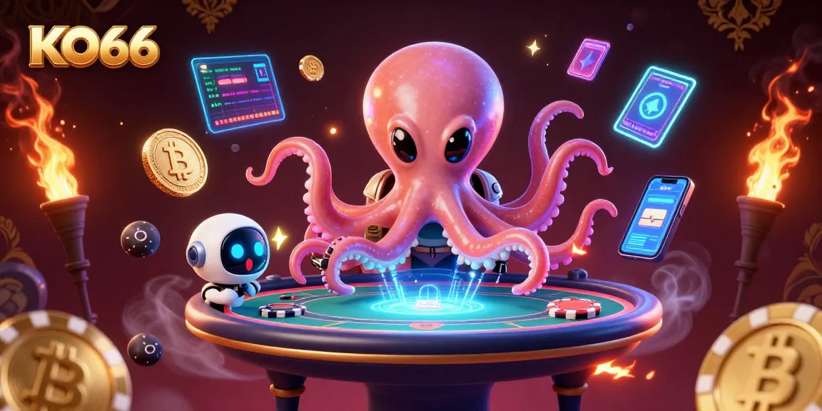 Play exciting poker at KO66 with an alien octopus dealer in a cosmic setting surrounded by crypto coins.