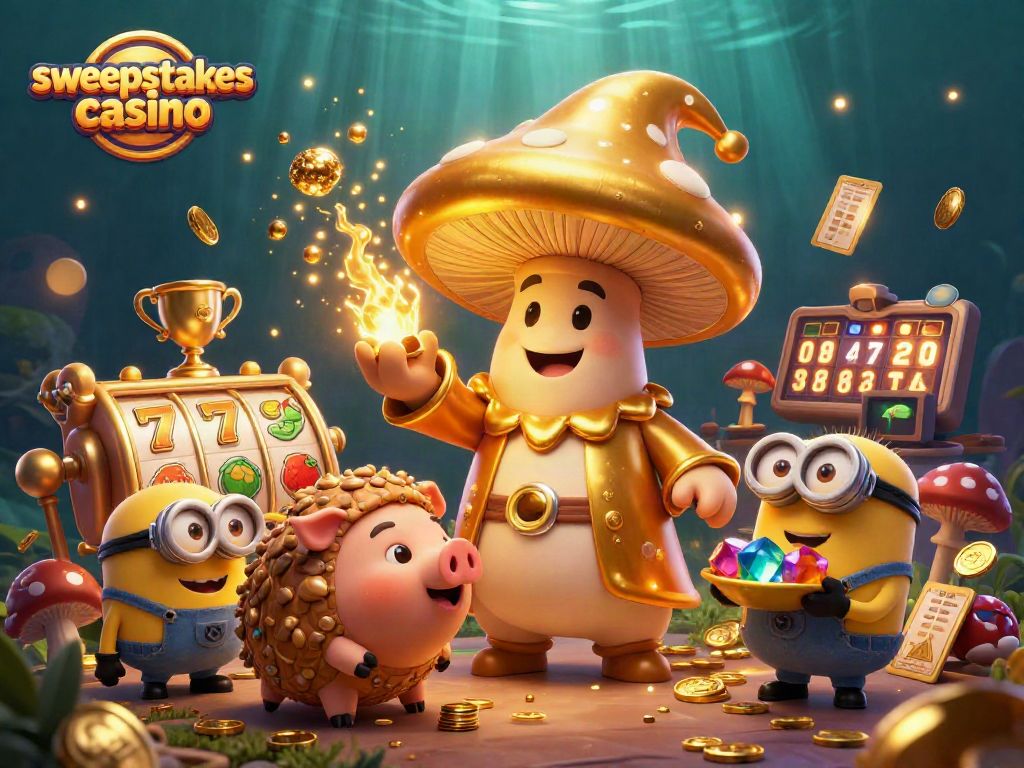 Engage in the sweepstakes casino adventure with golden mushroom wizard, treasure, and vibrant reels.