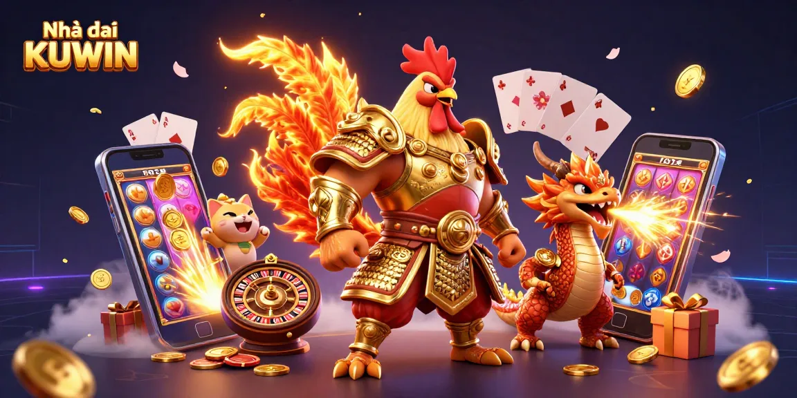 Engage in thrilling adventures with Nhà cái KUWIN, featuring a fighting rooster warrior and a dragon hatchling in a dynamic gambling scene.