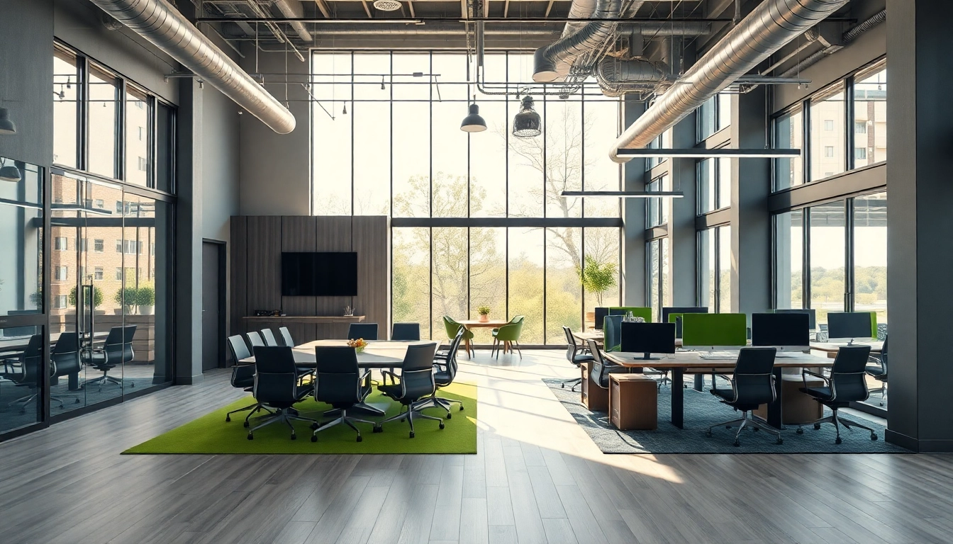 Office renovation contractor Austin transforming a modern workspace with vibrant designs.