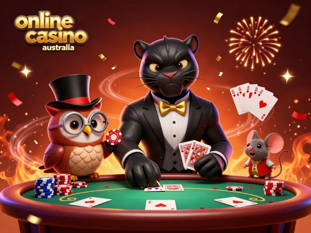 Experience the vibrant excitement of online casino Australia with engaging 3D characters amidst festive elements.