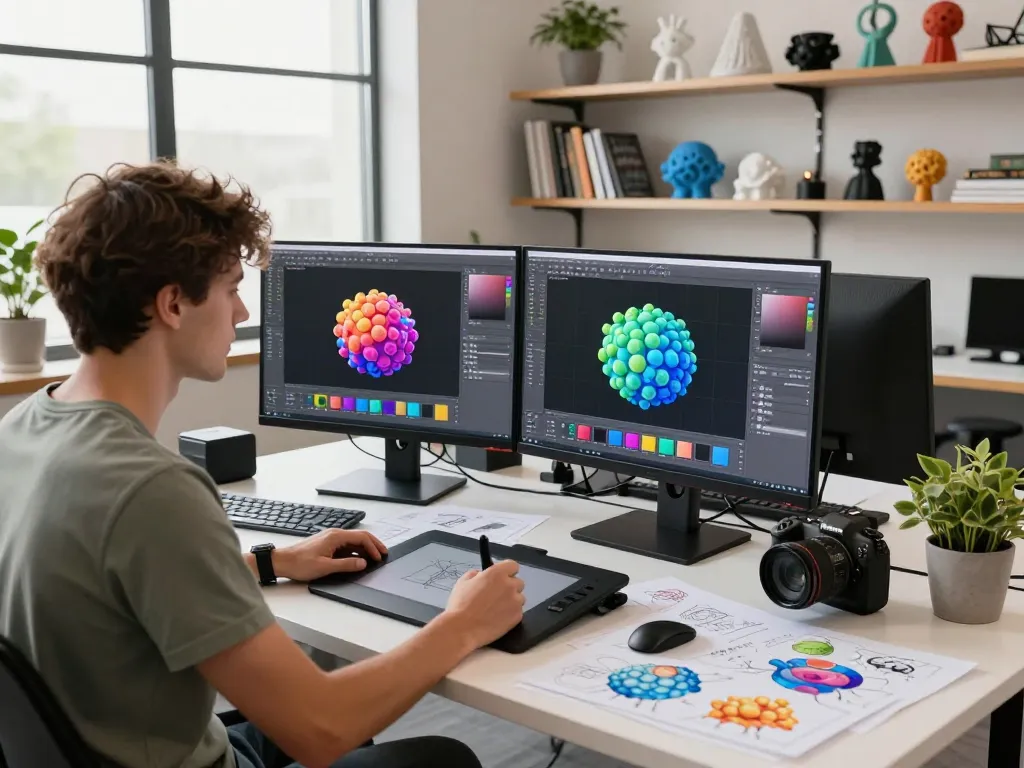 3D Model generator in a vibrant creative studio with designer focused on 3D models and sketches.