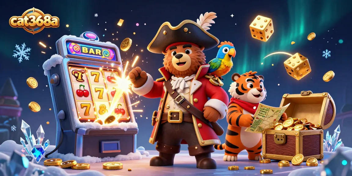Experience the excitement of cat368a as the pirate captain bear and his crew celebrate jackpot wins amid vibrant casino elements.