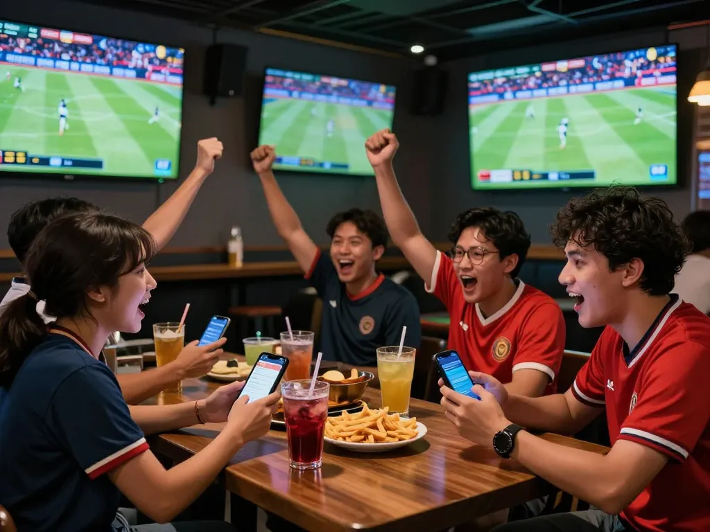 Exciting scene of friends enjoying Judi Bola betting at a sports bar during a football match.