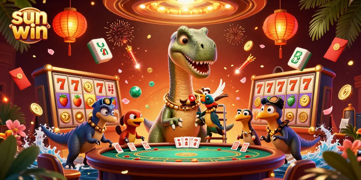 Experience sun win excitement with dynamic casino action featuring characters, slot reels, and festive decorations.