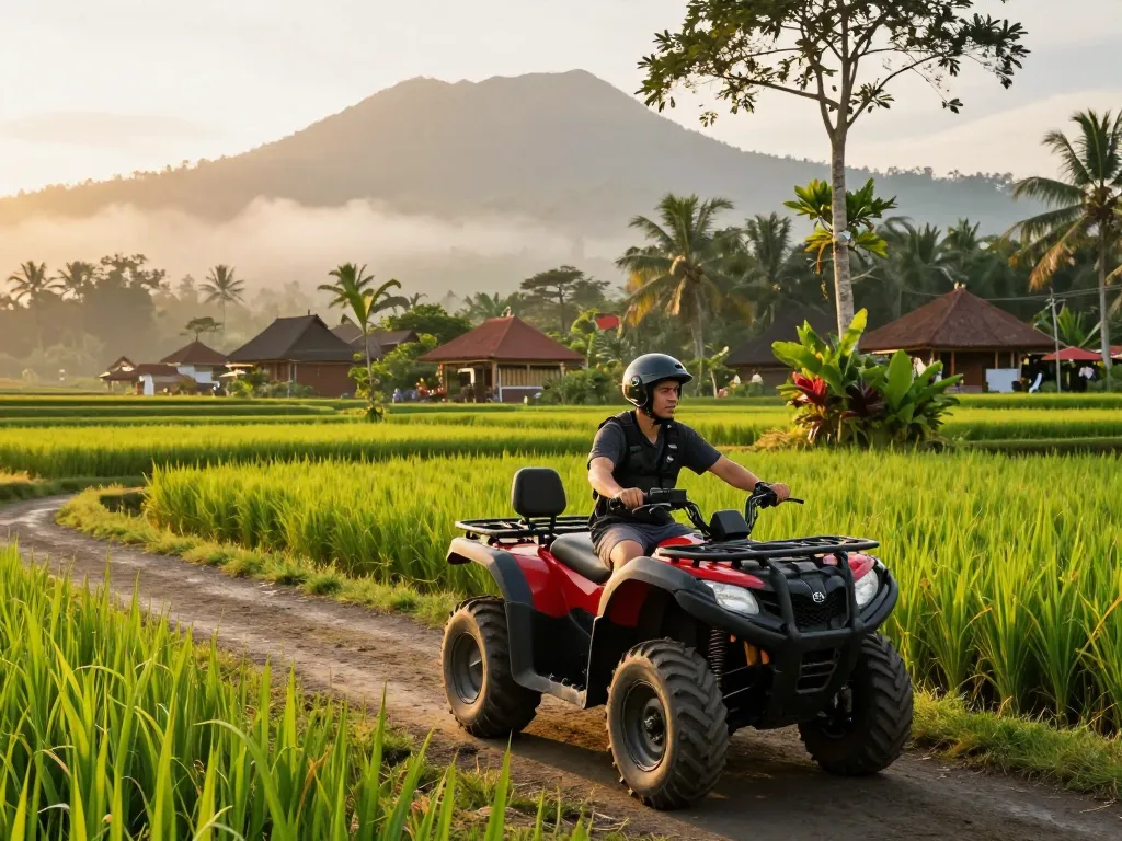 Bali tour ATV adventure through lush rice fields and jungles.