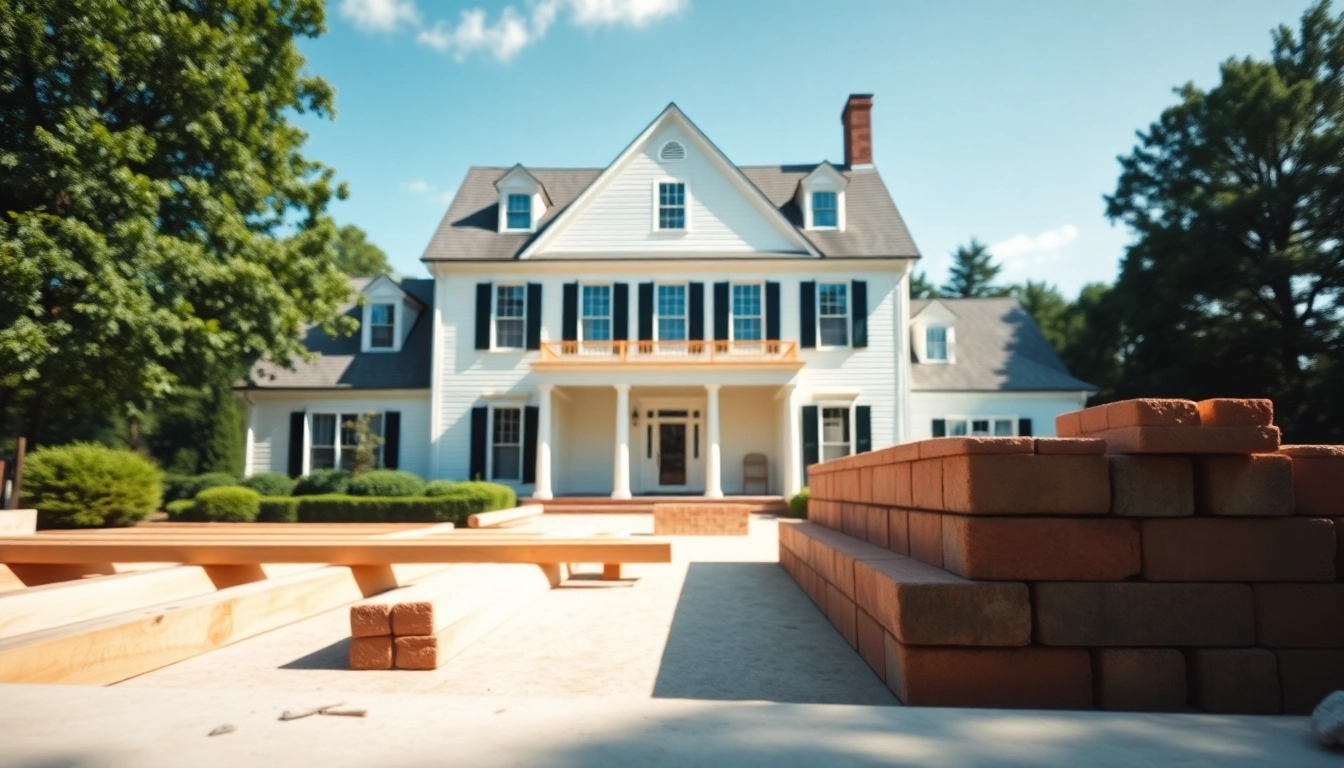 Colonial home construction site showcasing traditional architecture and quality craftsmanship.