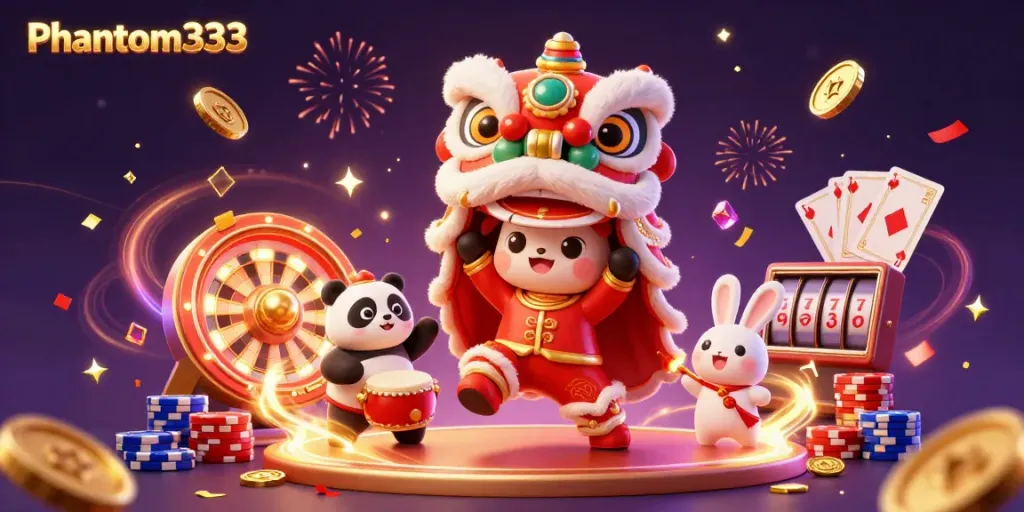Engaging Phantom333 lion dance illustration with casino elements showcasing vibrant gaming excitement.
