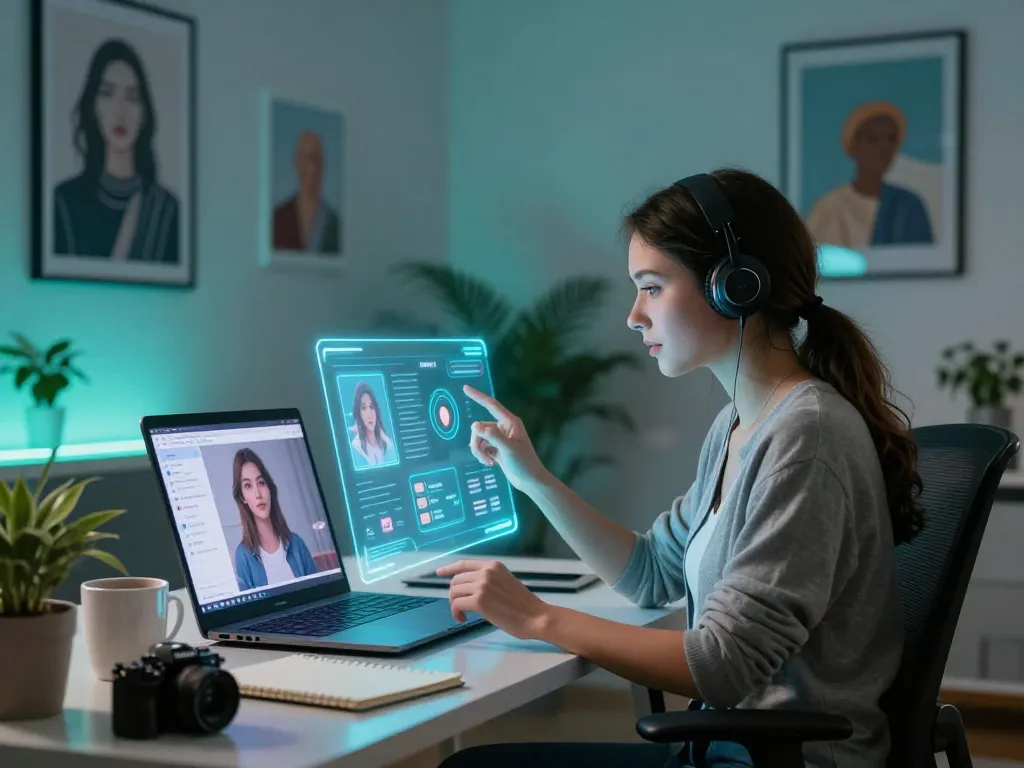 Engaging interaction with an AI GF in a high-tech home office, showcasing personalized virtual relationships and emotional connections.