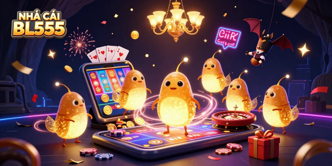 Experience NHÀ CÁI BL555 with a vibrant cave casino scene featuring gaming elements and glowing characters.