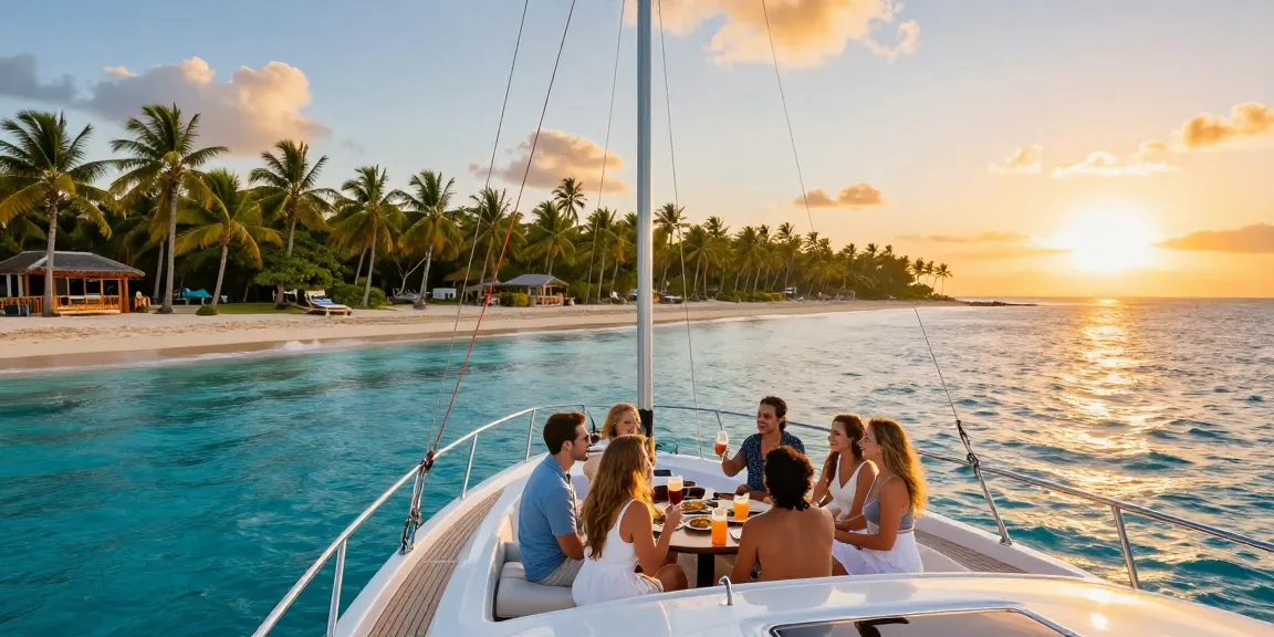 yacht charter punta cana with friends enjoying drinks on a luxury yacht at sunset