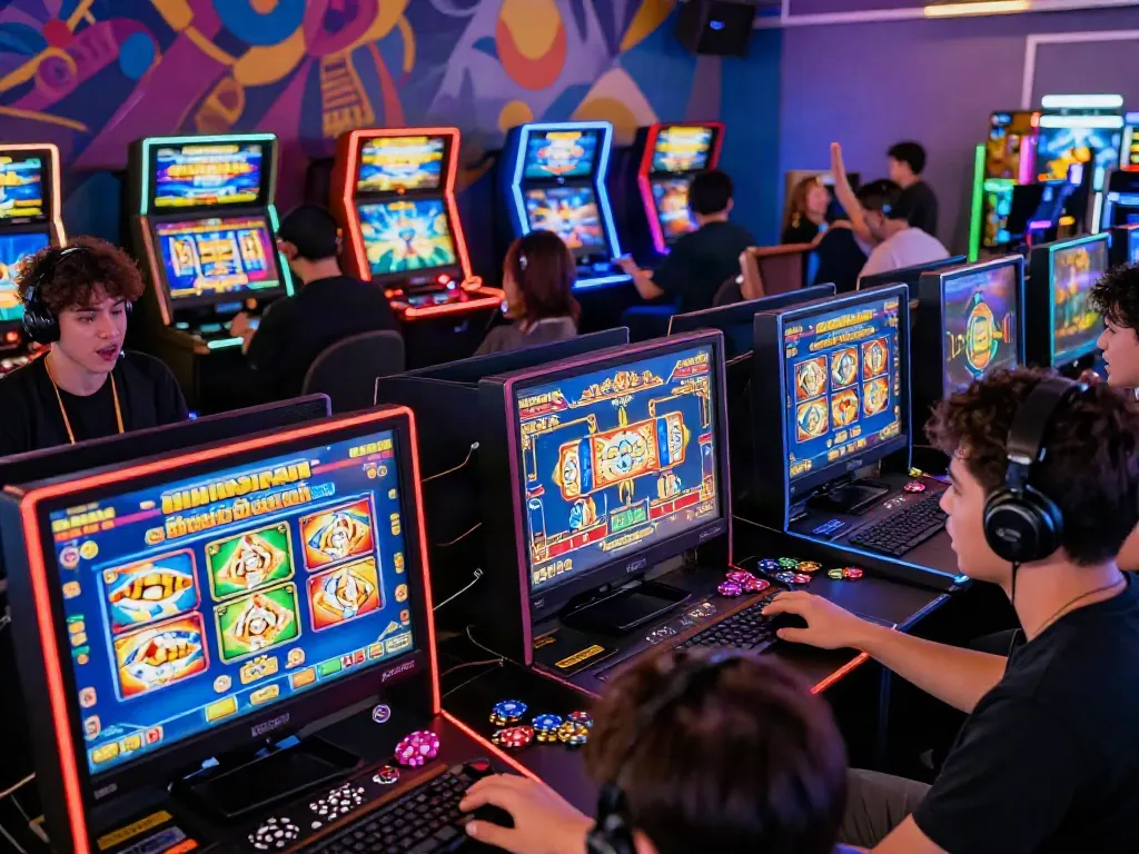 Exciting players enjoying various situs slot games on digital devices in a vibrant gaming setup