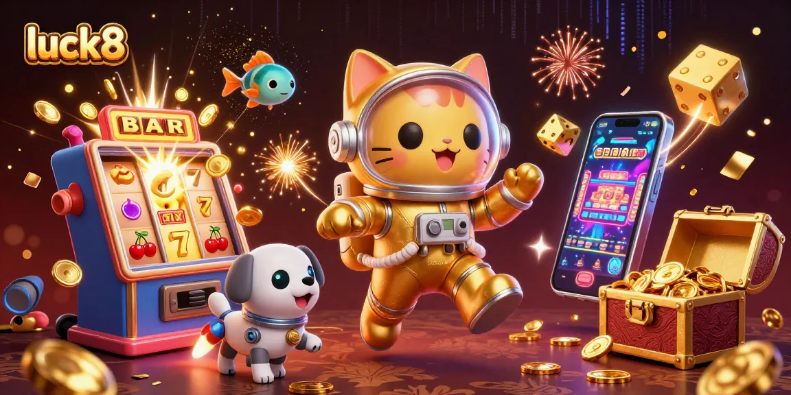 Experience luck8 excitement with a vibrant casino scene featuring an astronaut cat and dynamic gaming elements.