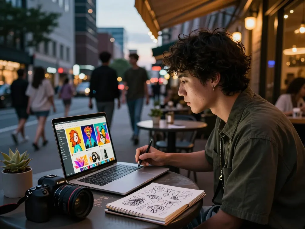 Engaging urban scene depicting creator interacting with NSFW art on laptop at twilight.