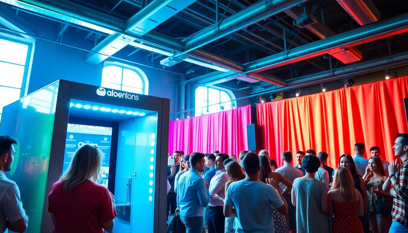 Engaged guests enjoying a photo booth rental with vibrant props and colorful decor.