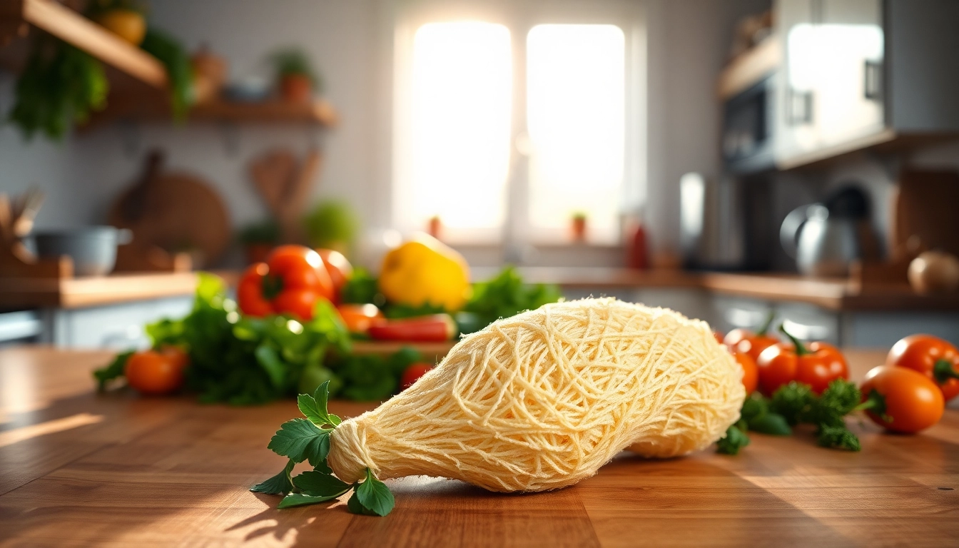 Clean kitchen loofah displayed on a wooden counter with fresh vegetables, highlighting its natural texture.