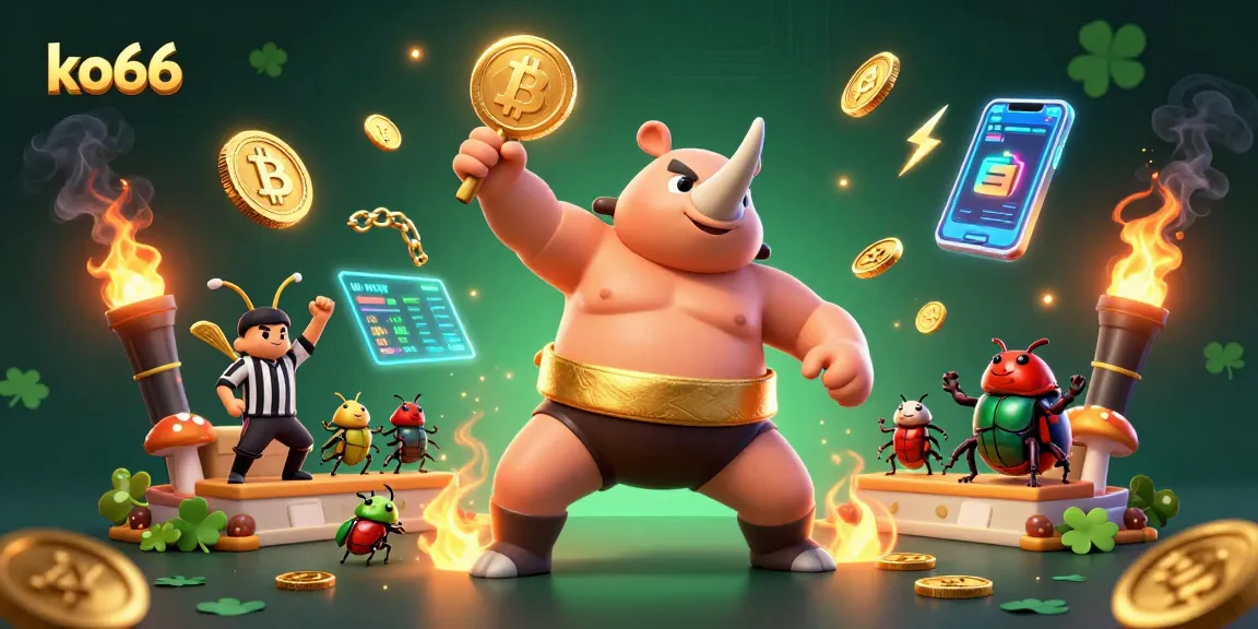 ko66 showcases a vibrant 3D beetle sumo champion amidst a crypto gaming scene with flying coins and neon elements.