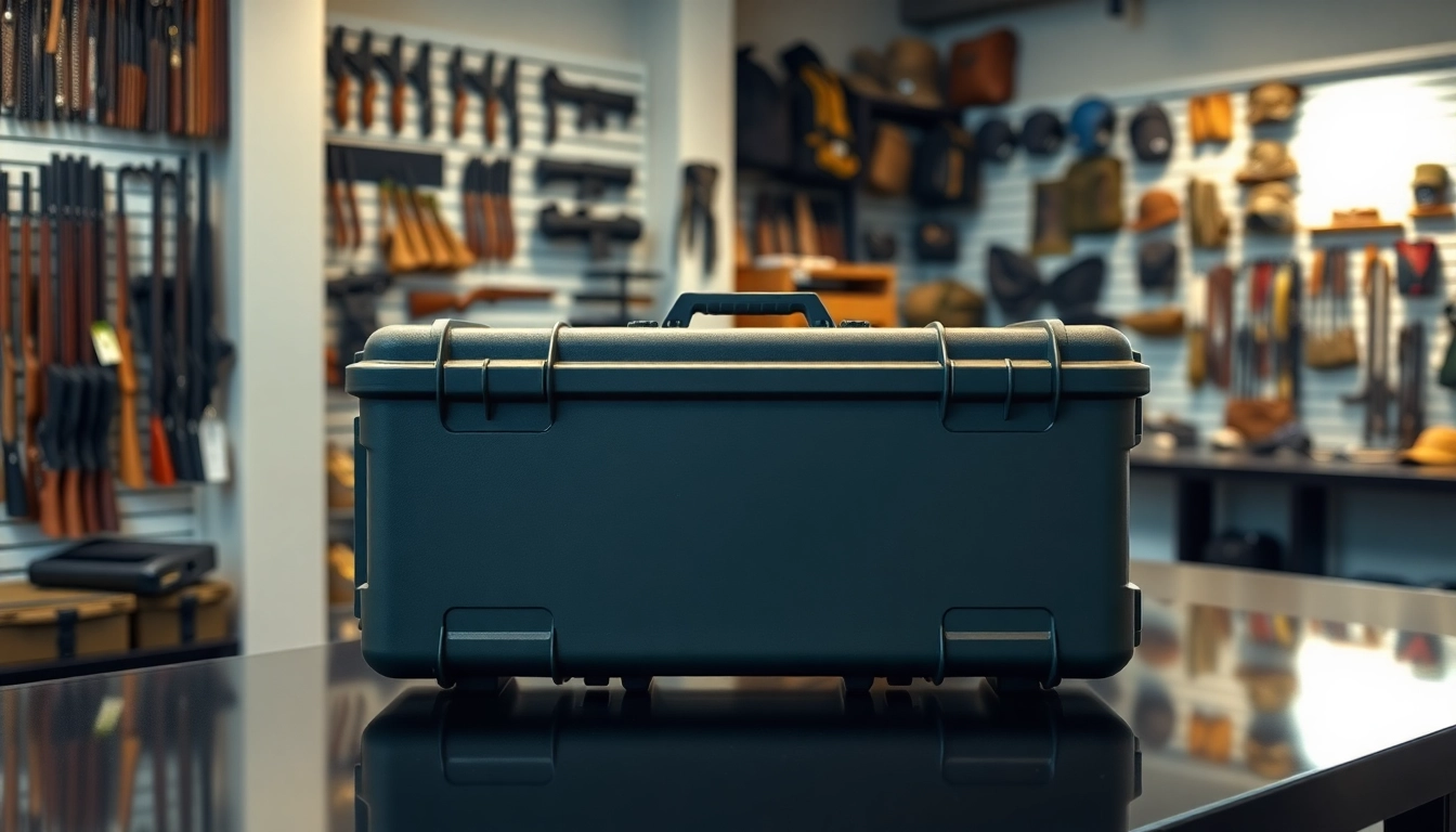 Showcasing a Pelican gun case for sale in a stylish setting with firearm accessories.