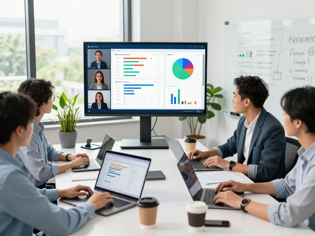 Team using WPS官网 for collaborative editing in a modern office setting