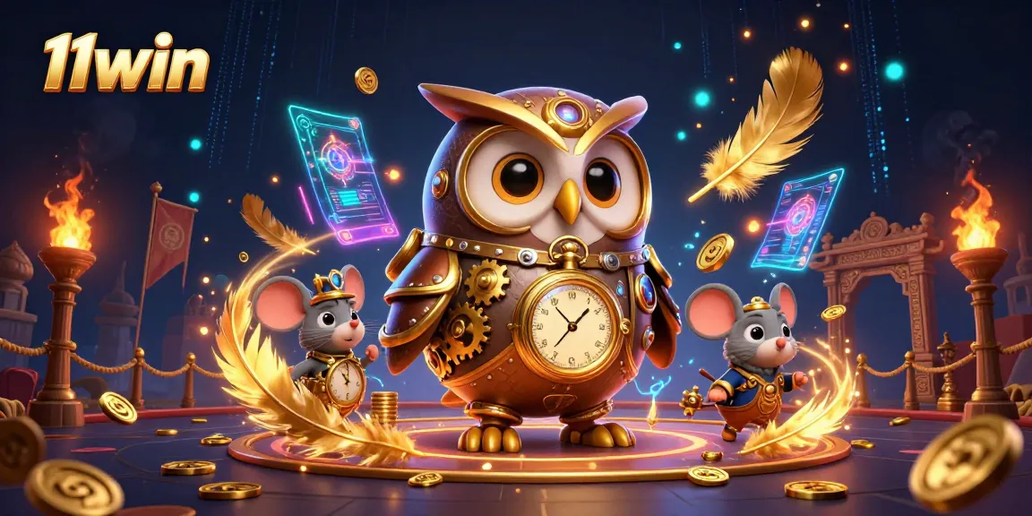 Immerse yourself with 11win's dynamic casino scene featuring time-traveling characters and vibrant gambling elements.