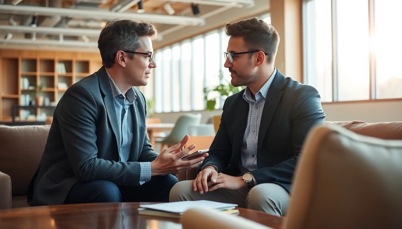 Career coaching session in a bright office, highlighting the client-coach interaction.