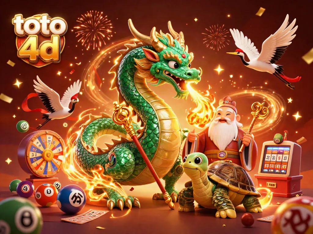 Win at toto 4d with a vibrant 3D scene featuring a dragon, turtle sage, and lucky cranes.