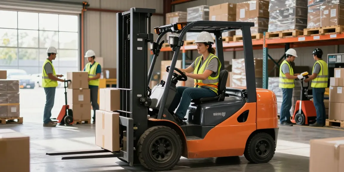Best forklift in Dallas lifting boxes in a vibrant warehouse environment