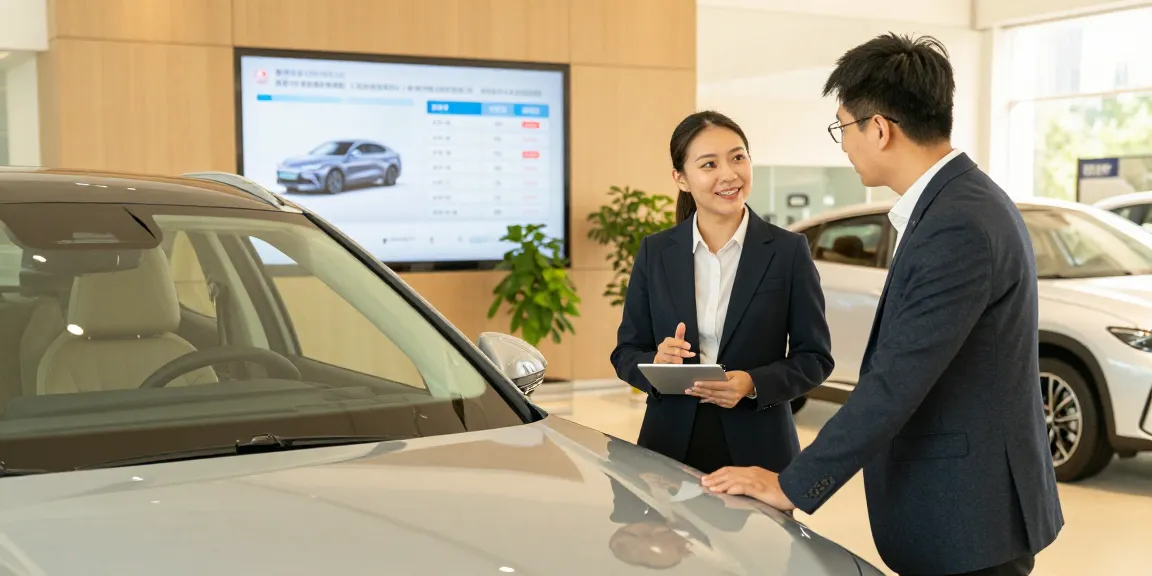 Car check UK service in a vibrant car dealership showcasing vehicle history checks and customer engagement.