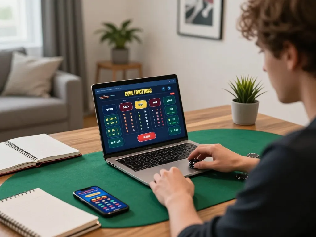 Engaging in live poker on a laptop at home for lc88 bio, showcasing strategic gameplay and cozy ambiance.