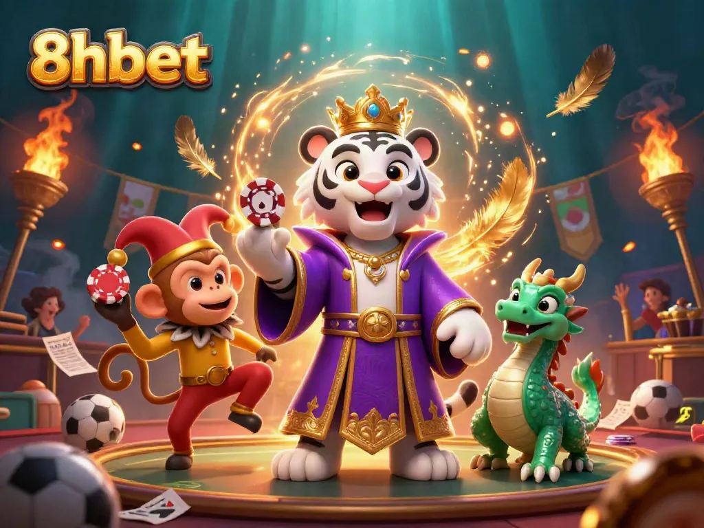 Experience thrilling bets at 8xbet with an excited scene featuring a royal tiger, jester monkey, and jade dragon.