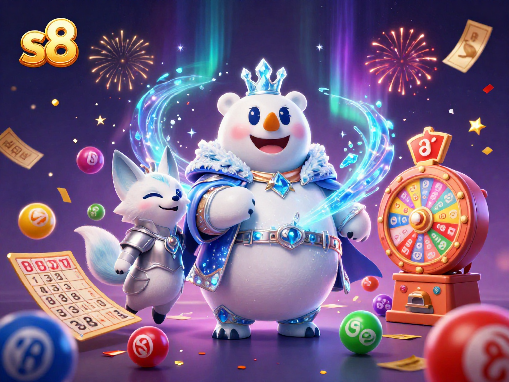 S8 players enjoy vibrant lottery excitement surrounded by colorful game elements and prize-winning visuals.