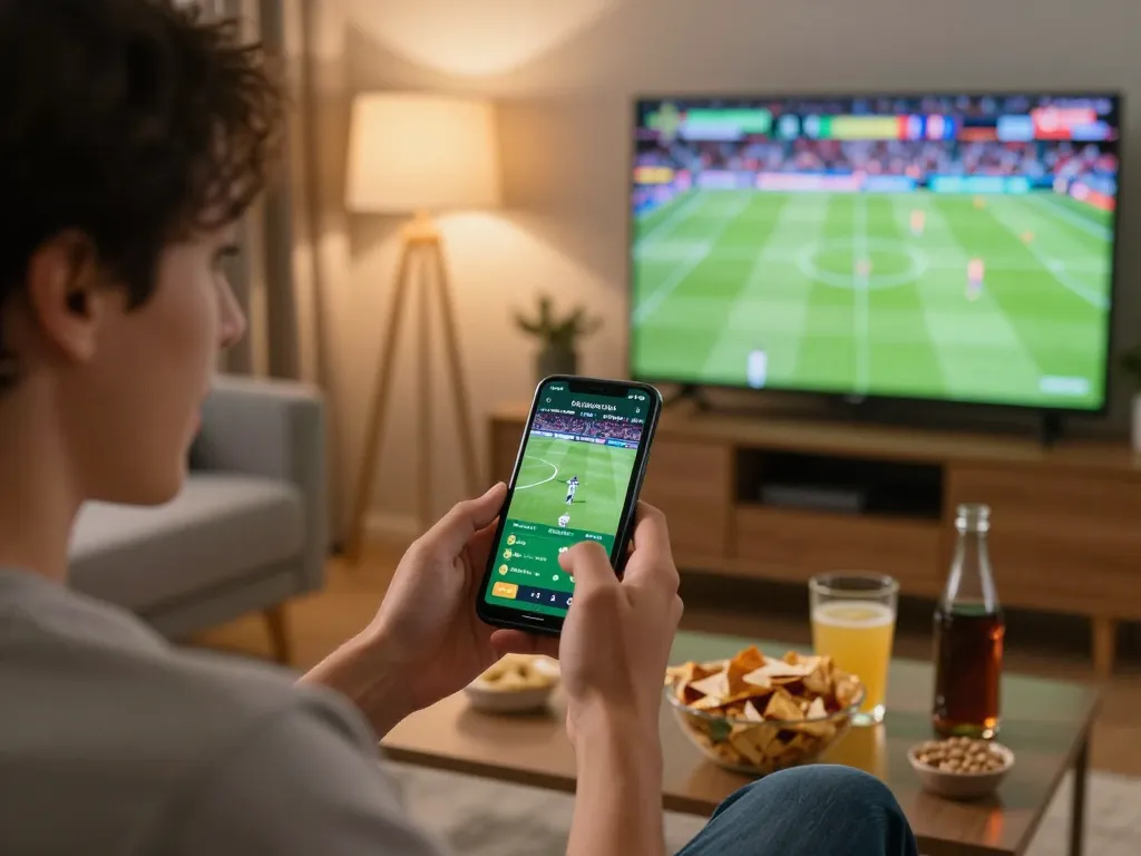 Person excitedly placing bets on nhà cái fly88 app while watching live sports in a cozy home setting.