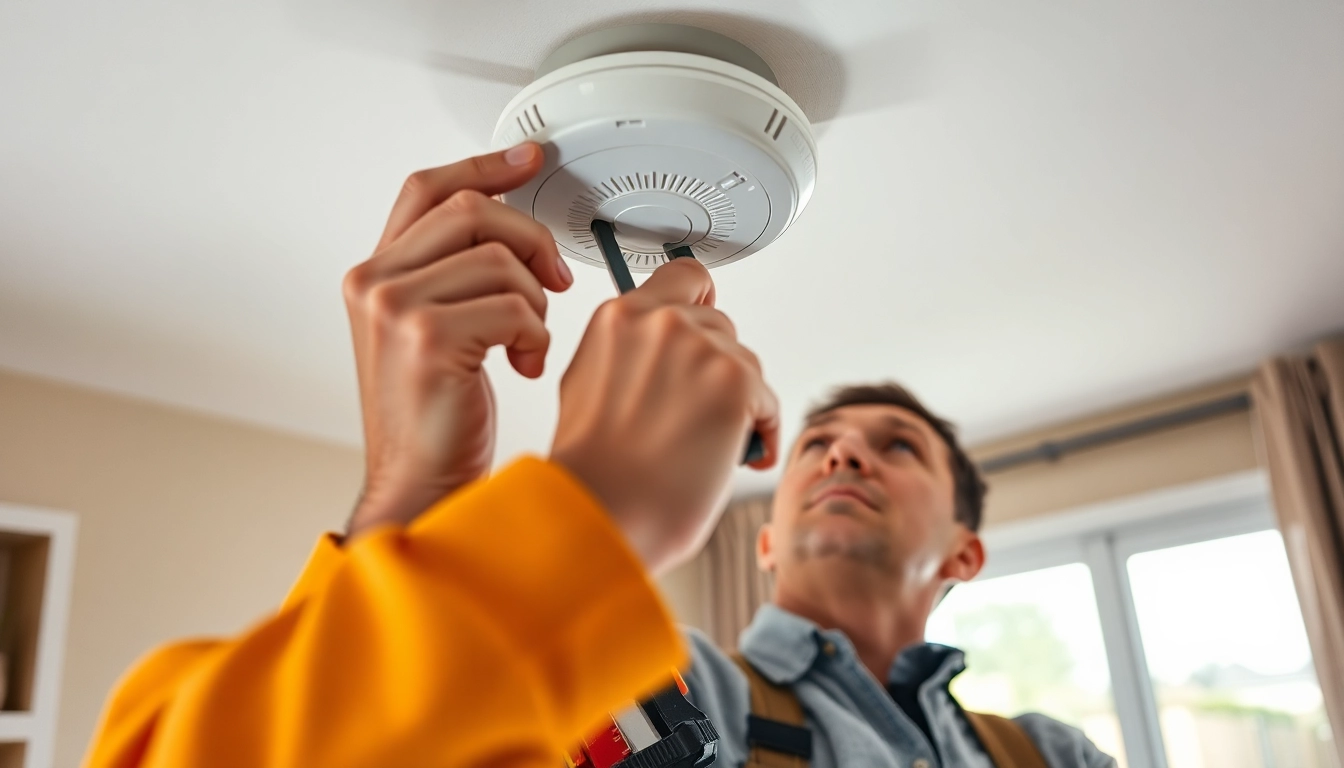 Technician installing smoke detector battery for home safety with care and precision.