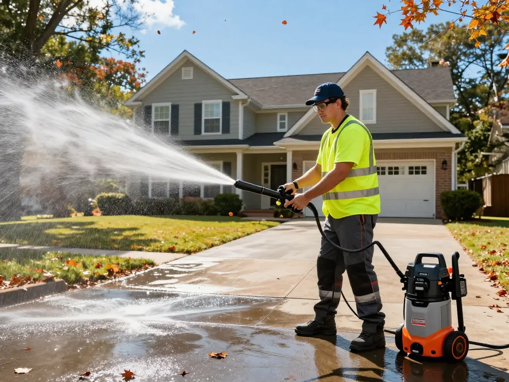 Atlanta pressure washing company team expertly cleaning a residential property in bright sunlight.