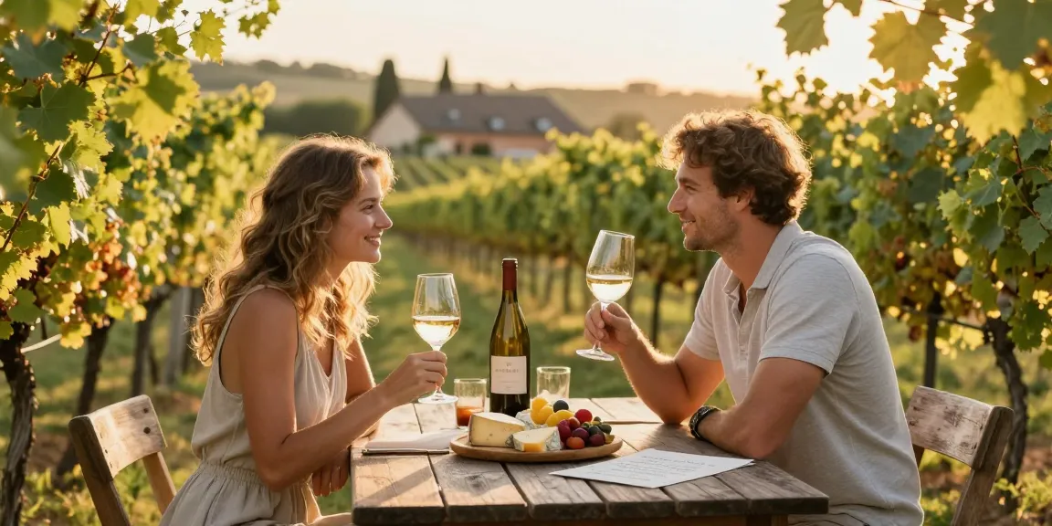 Couple enjoying Chattoowines at a vineyard, surrounded by grapes and cheese.