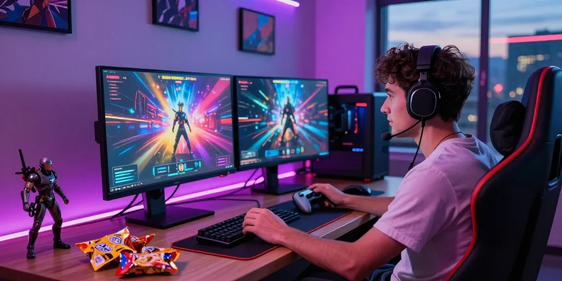 Engaged gamer playing nsfw ai game in a vibrant, modern gaming setup.
