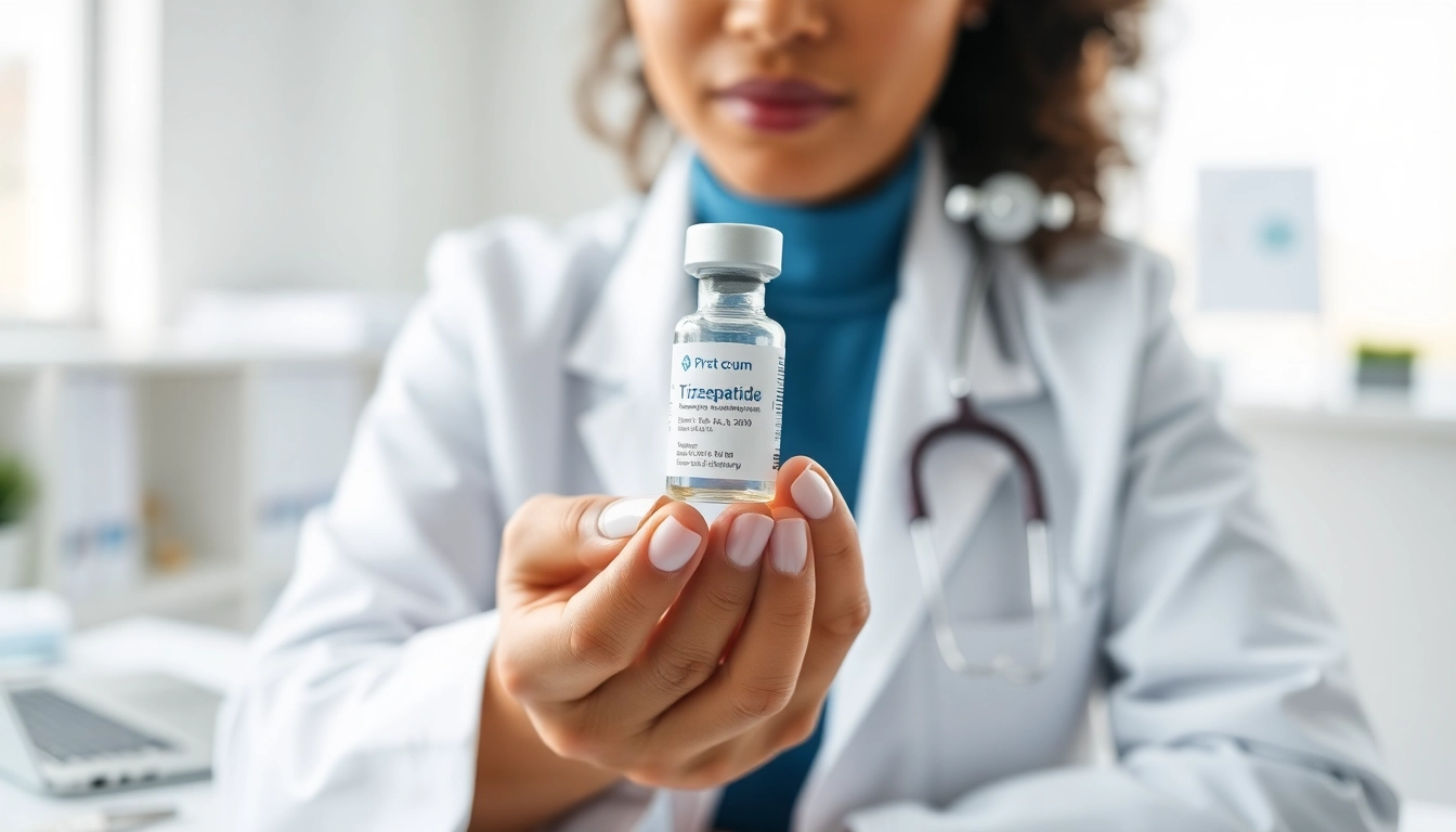 Tirzepatide showcased by a healthcare professional in a modern clinical environment, emphasizing trust and innovation.