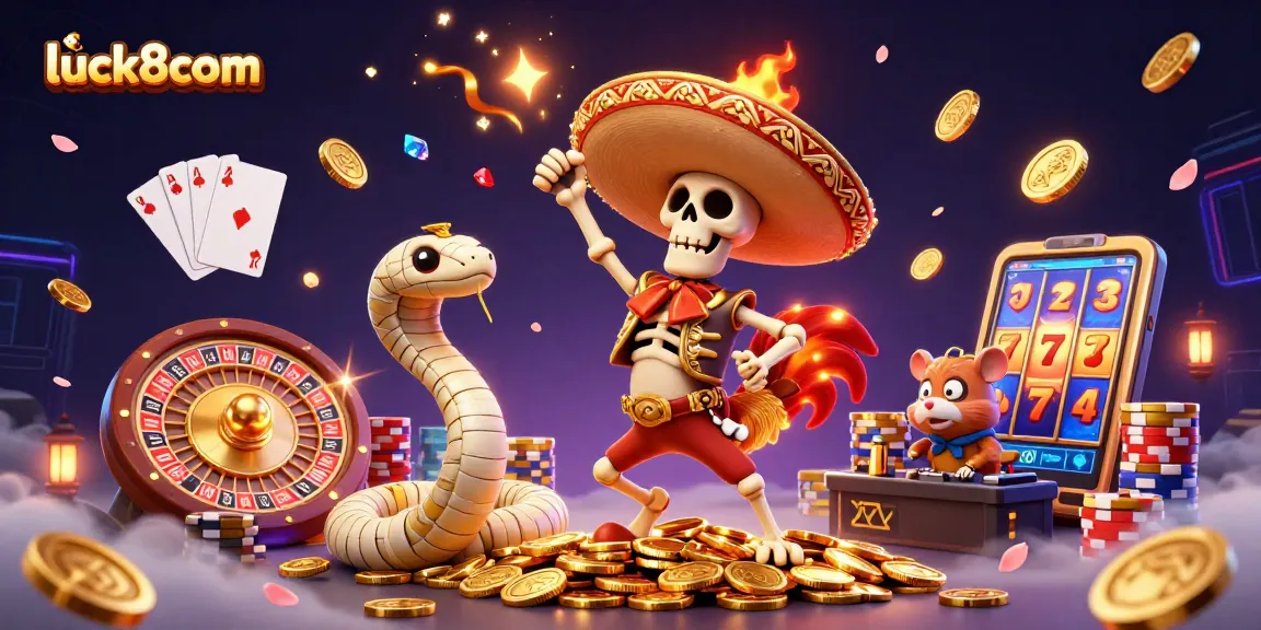 Engage in thrilling gaming with luck8com, featuring dynamic casino elements and characters celebrating victories.
