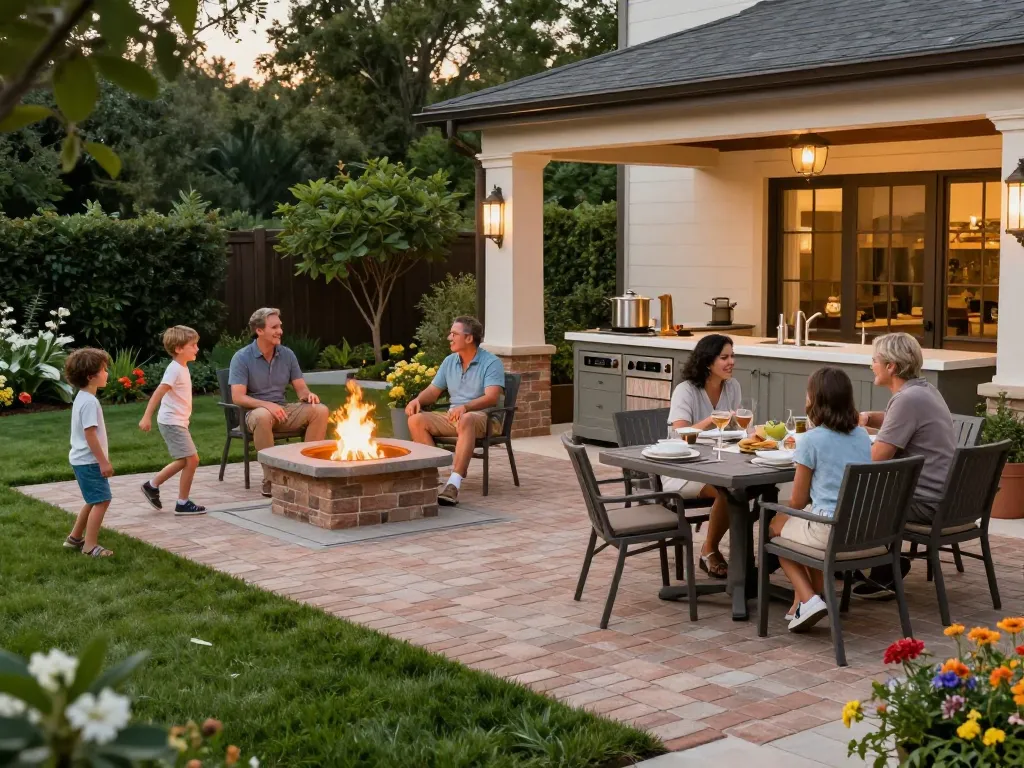 Family enjoying a brick paver patio, highlighting outdoor living and comfort with "Brick pavers near me" keyword.