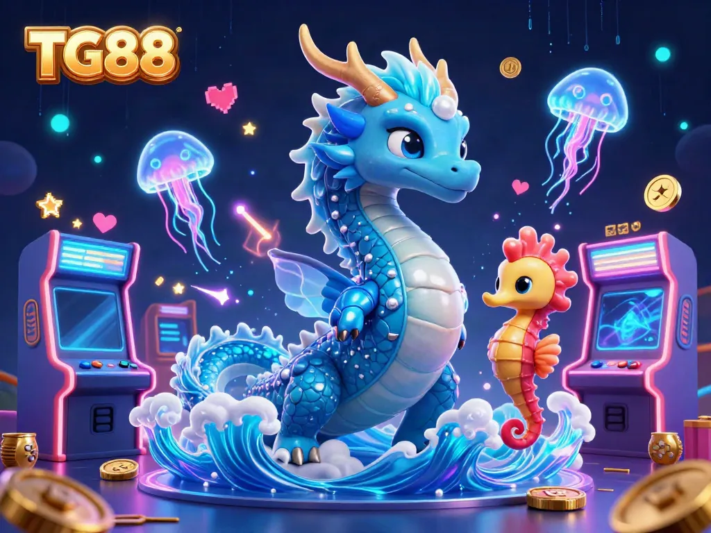 Experience the thrill of TG88 gaming with a lively scene featuring a water dragon, seahorse knight, and neon jellyfish.