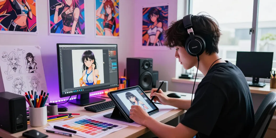 AI ecchi art scene with a young artist creating vibrant anime characters in a colorful digital studio.