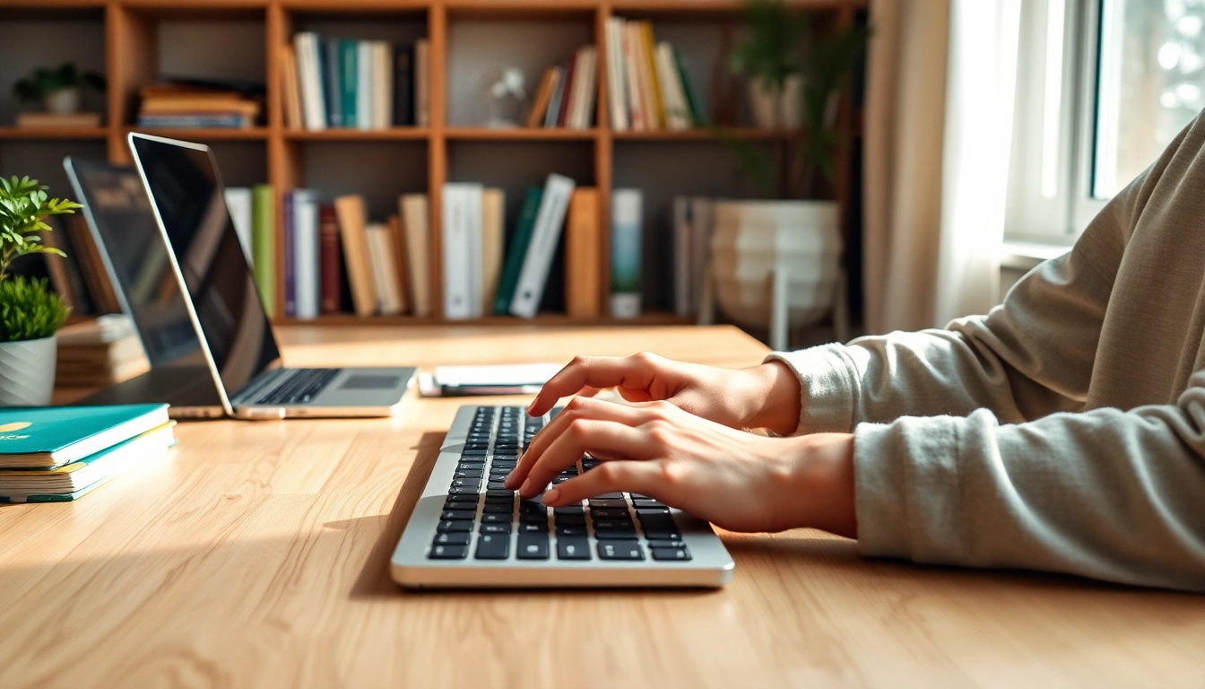 Typing Center professional diligently working in a cozy home office setting.