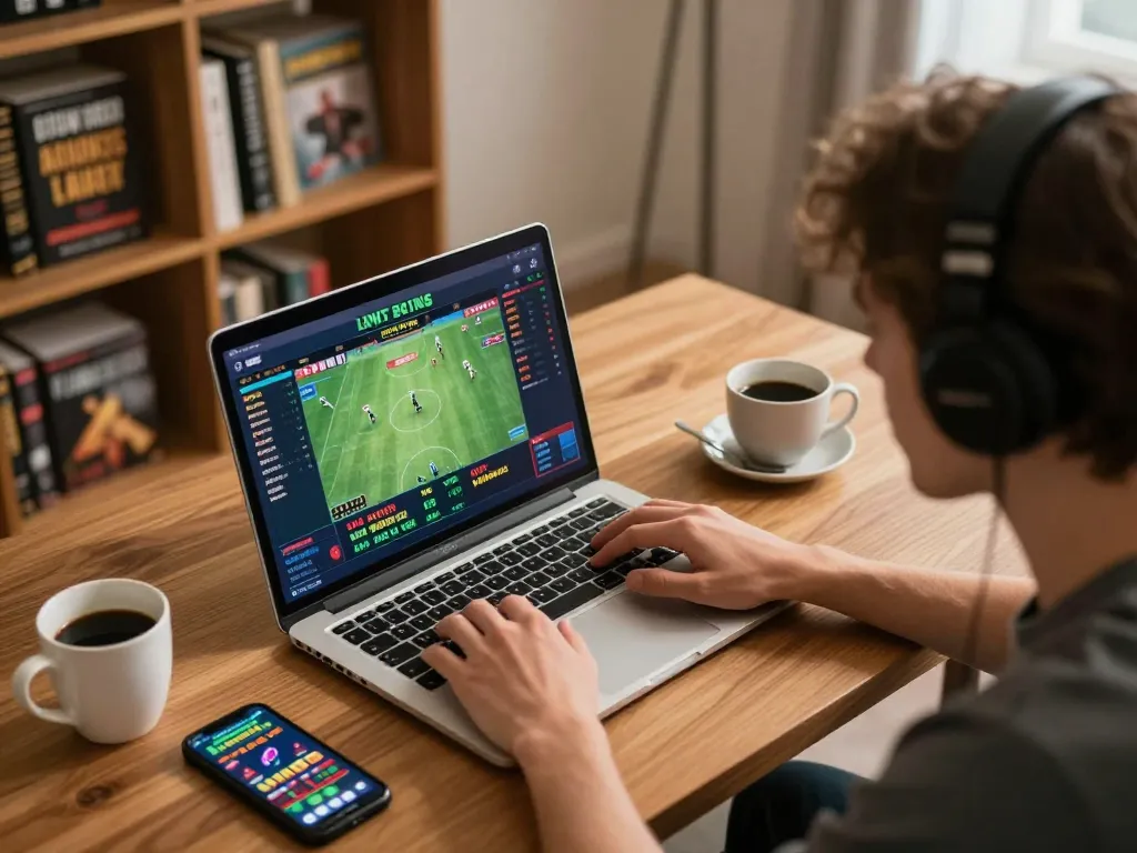 Sports betting activity depicting soi keo nha cai on laptop screen, with live odds and intense focus
