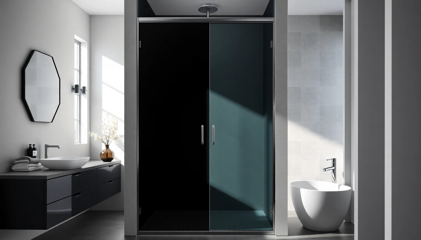 Enhance your bathroom with a chic black shower door featuring sleek lines and modern design.