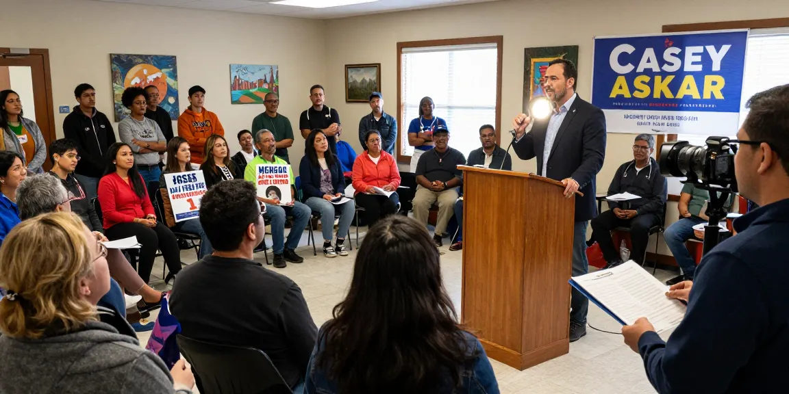 Casey Askar addressing community concerns at a town hall meeting with engaged audience.