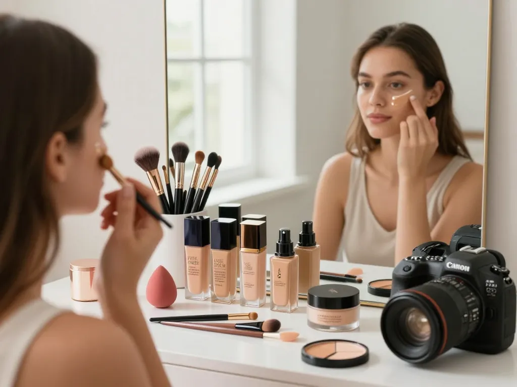 Best foundation for oily skin application scene with beauty products and natural light.